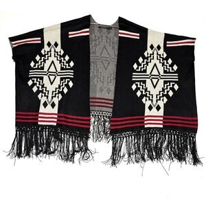Women's Black Southwestern Aztec Fringe Poncho Shawl Kimono Women Boho One Size